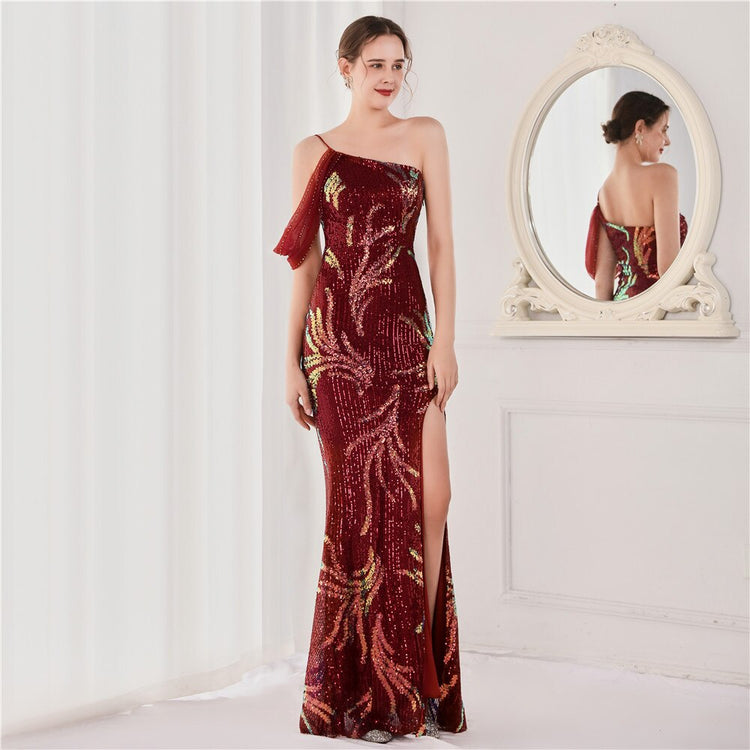 Vestido de Festa Luxo com Paetês Bordados Marsala