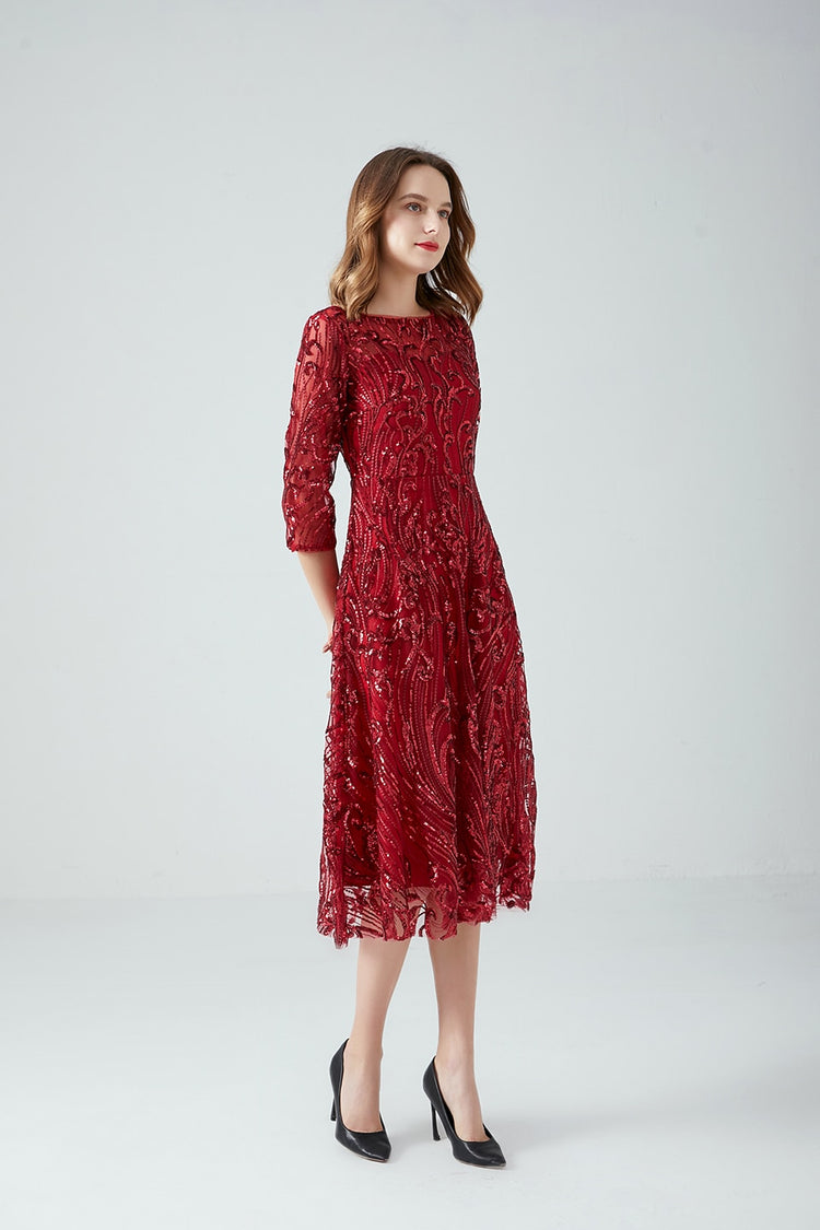 Vestido de Festa Marsala Luxo Midi com Detalhes Paetês