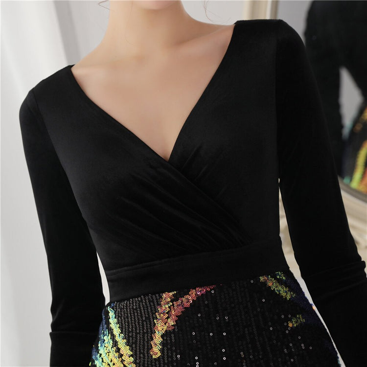 Vestido de Festa Luxo Sereia com Paetês Bordados Preto