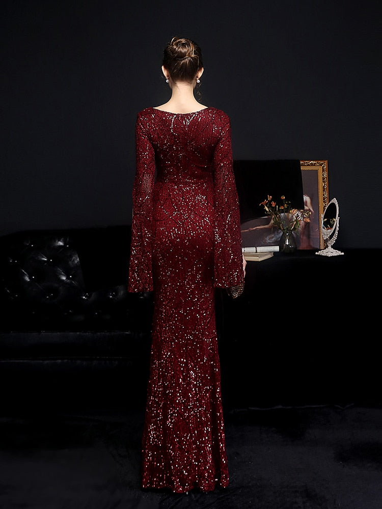 Vestido de Festa Longo Sereia Cristal com Manga Solta Marsala