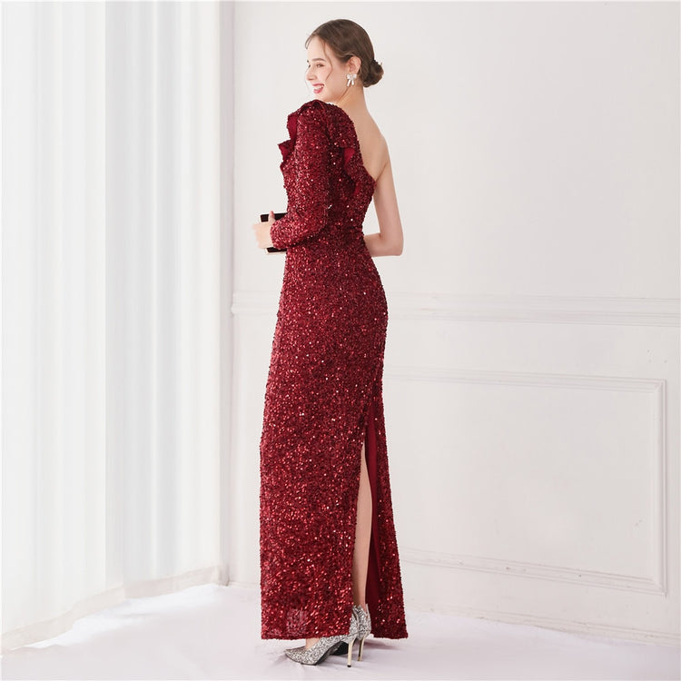 Vestido de Festa Longo com Babados Assimétricos Marsala