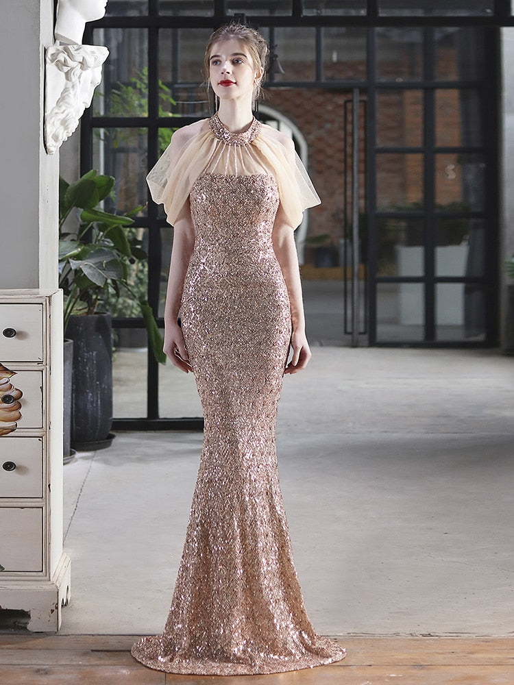Vestido De Festa Longo Com Decote Em Tule Dourado