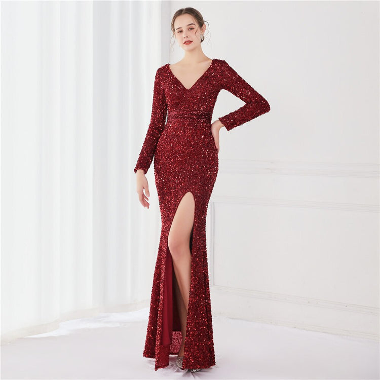 Vestido de Festa Longo Luxo Todo Detalhado em Paetês Marsala