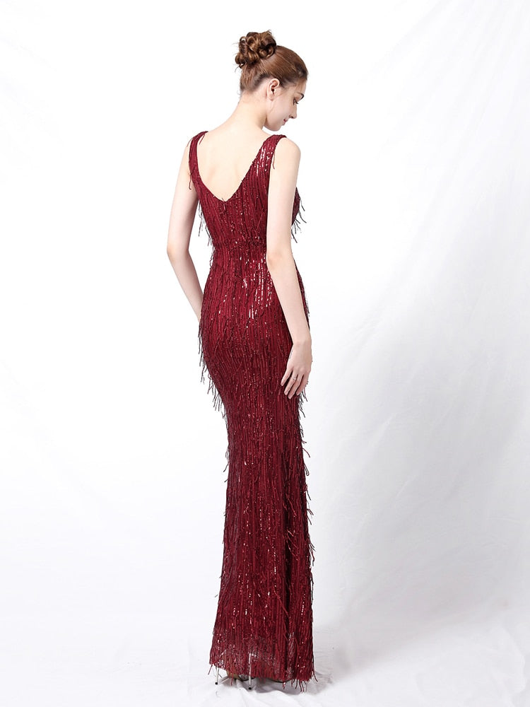 Vestido de Festa Longo Sereia Brilho Bordado Marsala
