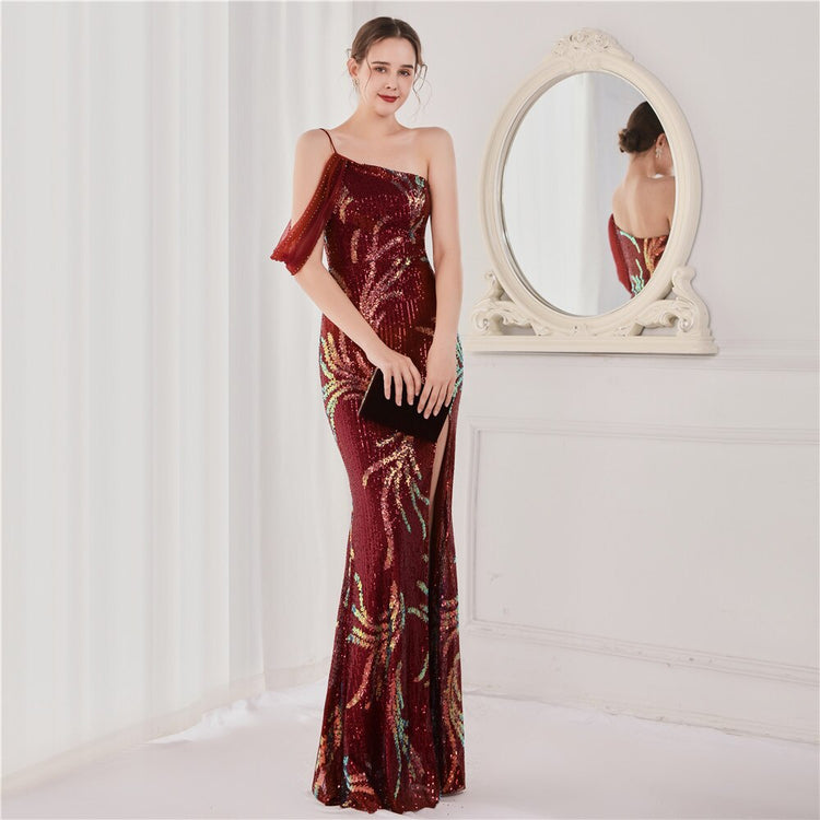 Vestido de Festa Luxo com Paetês Bordados Marsala