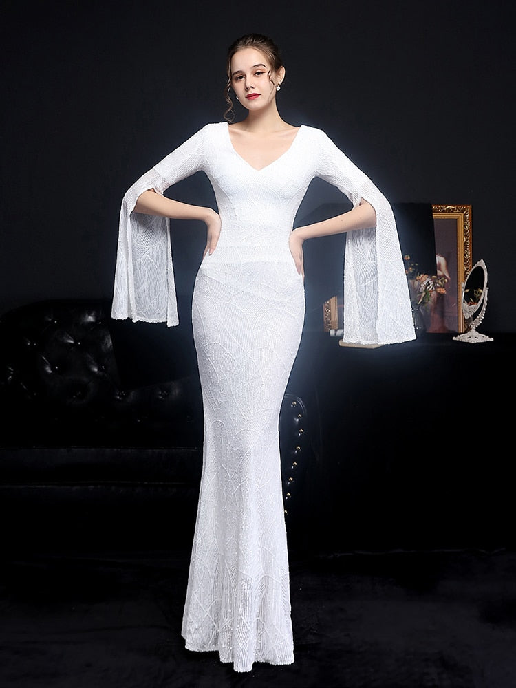 Vestido de Festa Longo Sereia Cristal com Manga Solta Branco