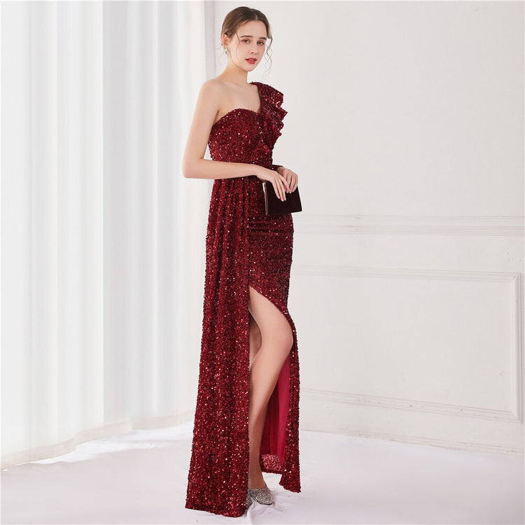 Vestido de Festa Longo com Babados Assimétricos Marsala