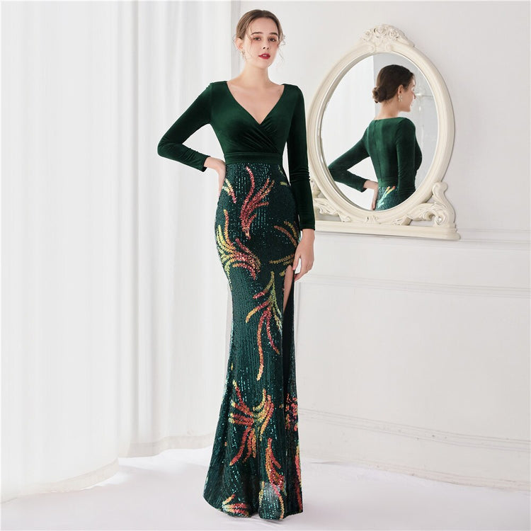 Vestido de Festa Luxo Sereia com Paetês Bordados Verde