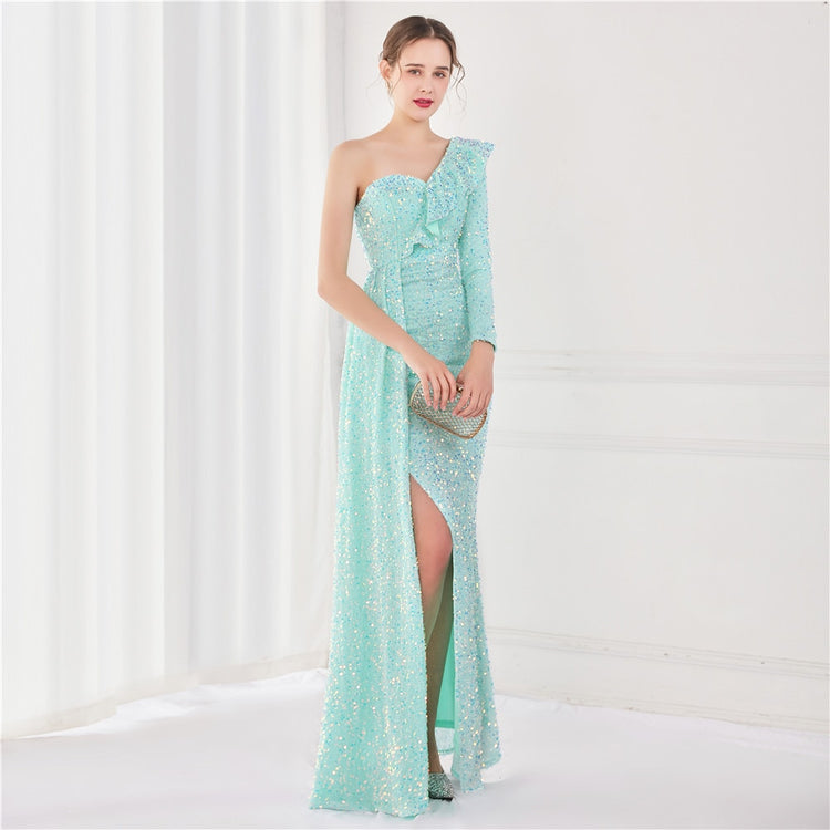 Vestido de Festa Longo com Babados Assimétricos Azul Tiffany