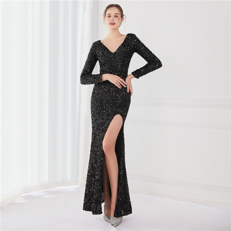 Vestido de Festa Longo Luxo Todo Detalhado em Paetês Preto