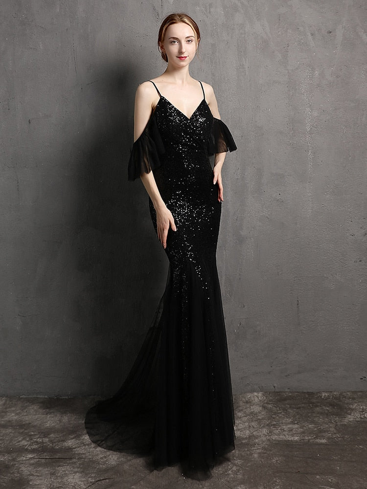 Vestido de Festa Longo Elegante com Manga com Renda Preto