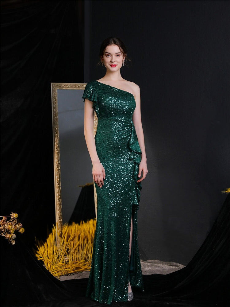 Vestido de Festa Longo Assimétrico com Detalhes Babados Verde