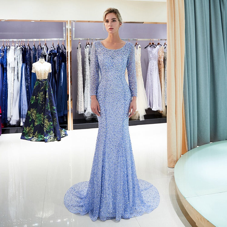 Vestido de Festa Longo Luxo Decorado com Pérolas e Cristais Azul Serenity - Modelo Especial