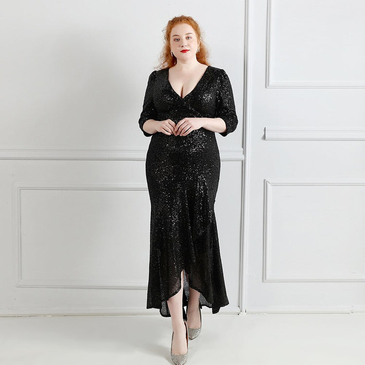 Vestido de Festa Midi com Tecido Brilho e Babados Preto