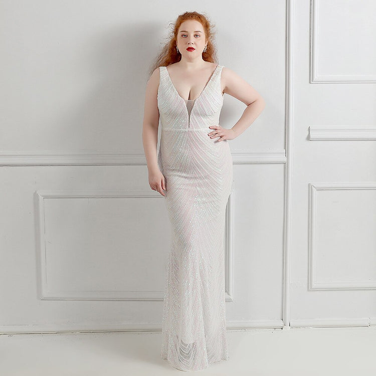 Vestido de Festa Longo em Lanon Detalhado em Paetês Branco