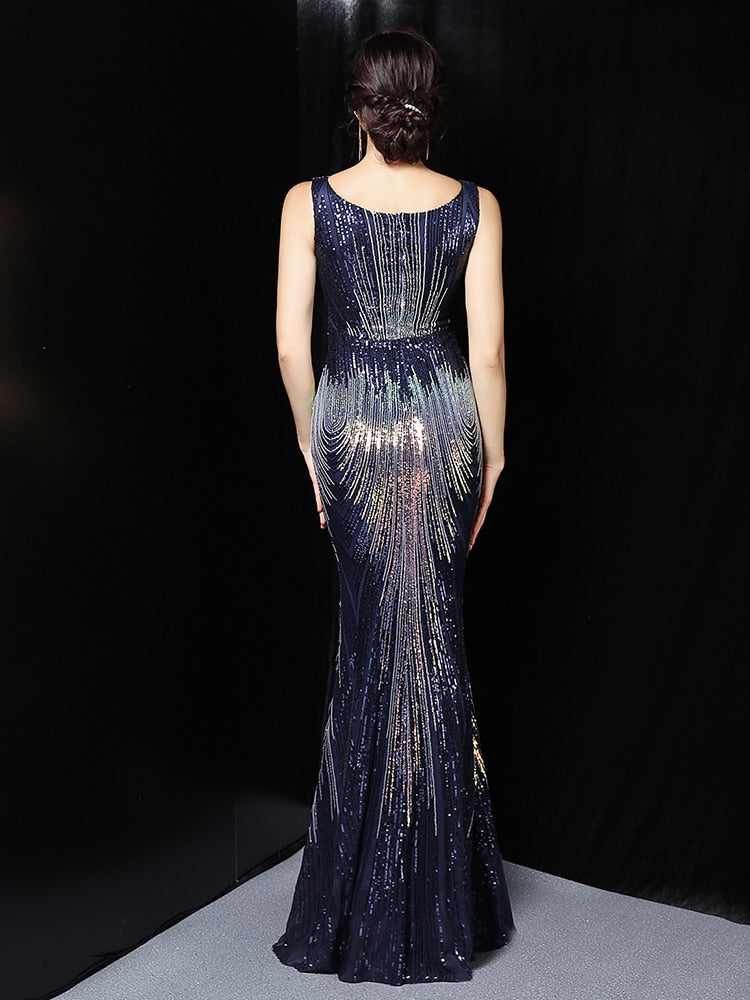 Vestidos de Festa Sereia Luxo com Brilho Azul Marinho