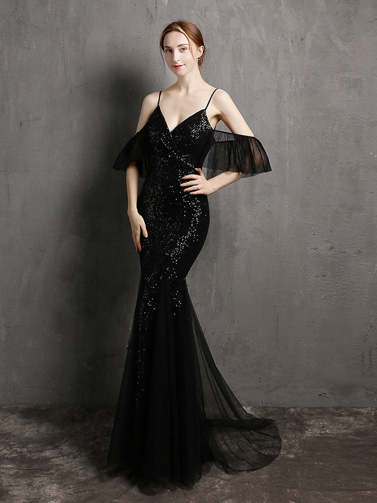 Vestido de Festa Longo Elegante com Manga com Renda Preto