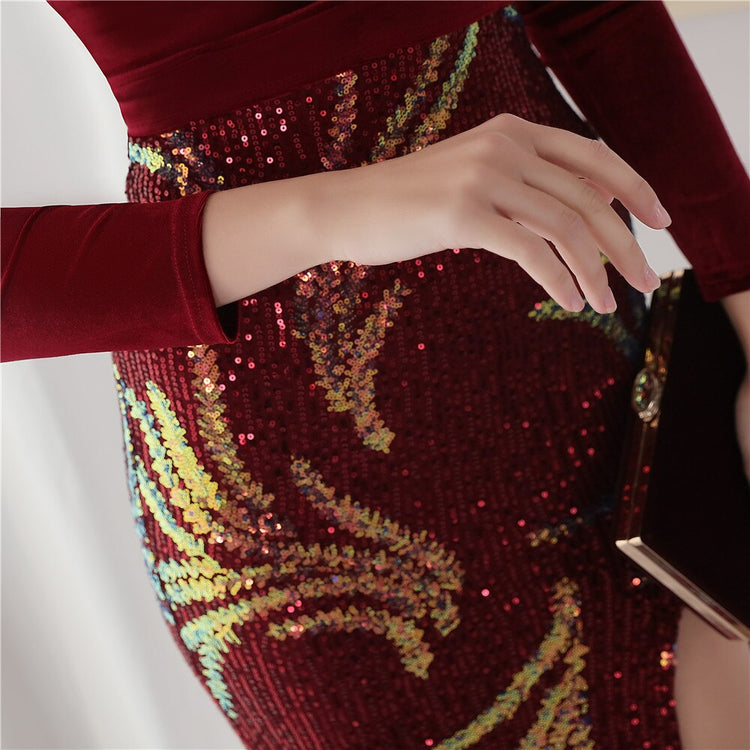 Vestido de Festa Luxo Sereia com Paetês Bordados Marsala