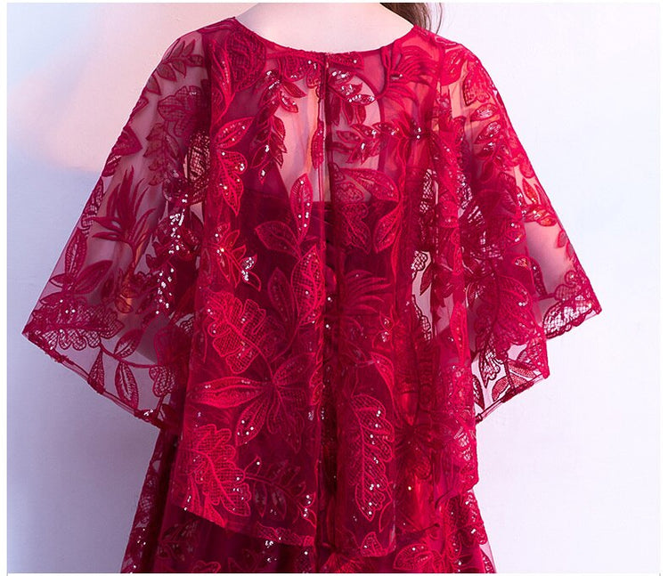 Vestido de Festa Longo com Manta Rendada Marsala