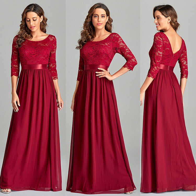 Vestido de Festa Longo com Detalhes Renda e Cetim Marsala