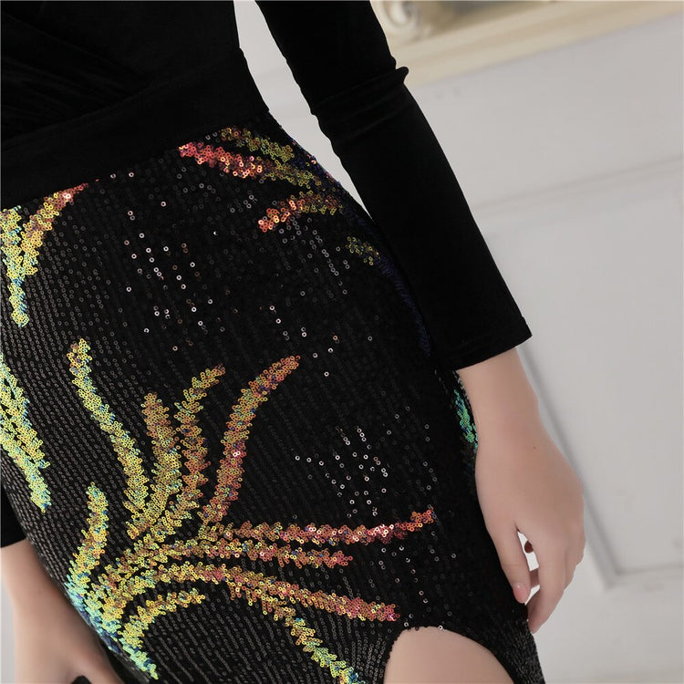 Vestido de Festa Luxo Sereia com Paetês Bordados Preto