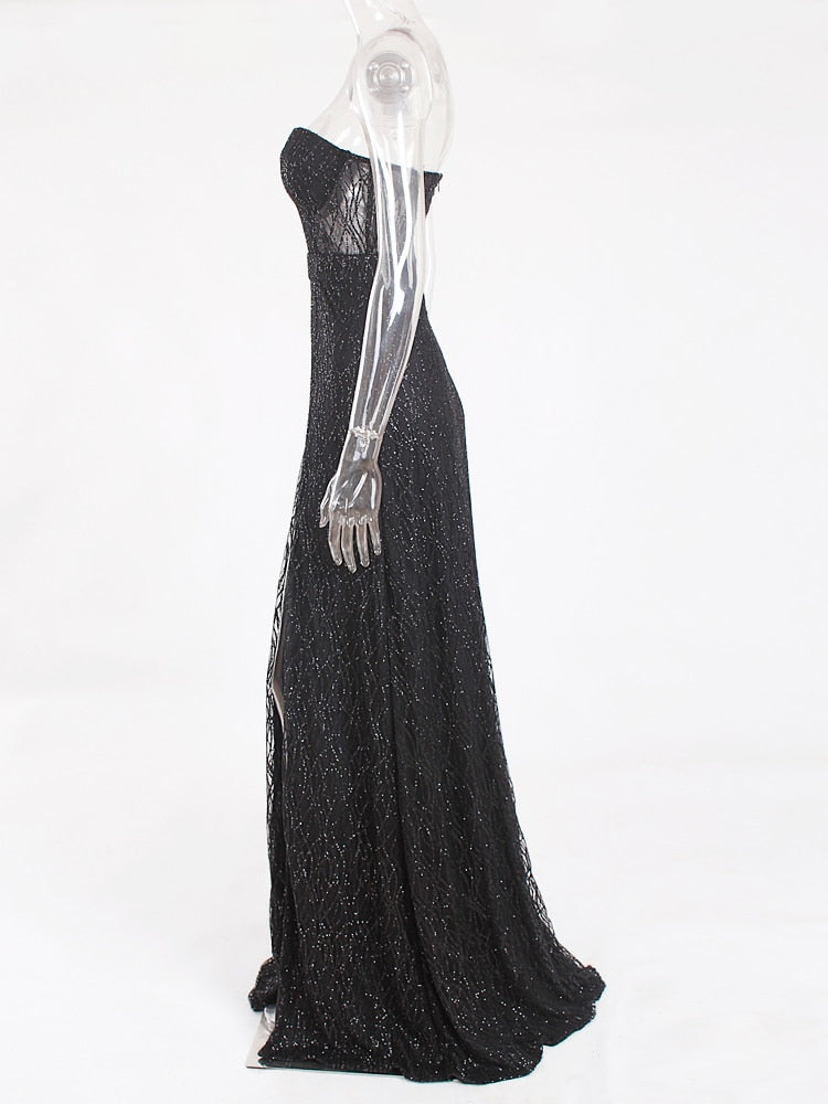 Vestido de Festa Longo com Fenda e Transparência Preto