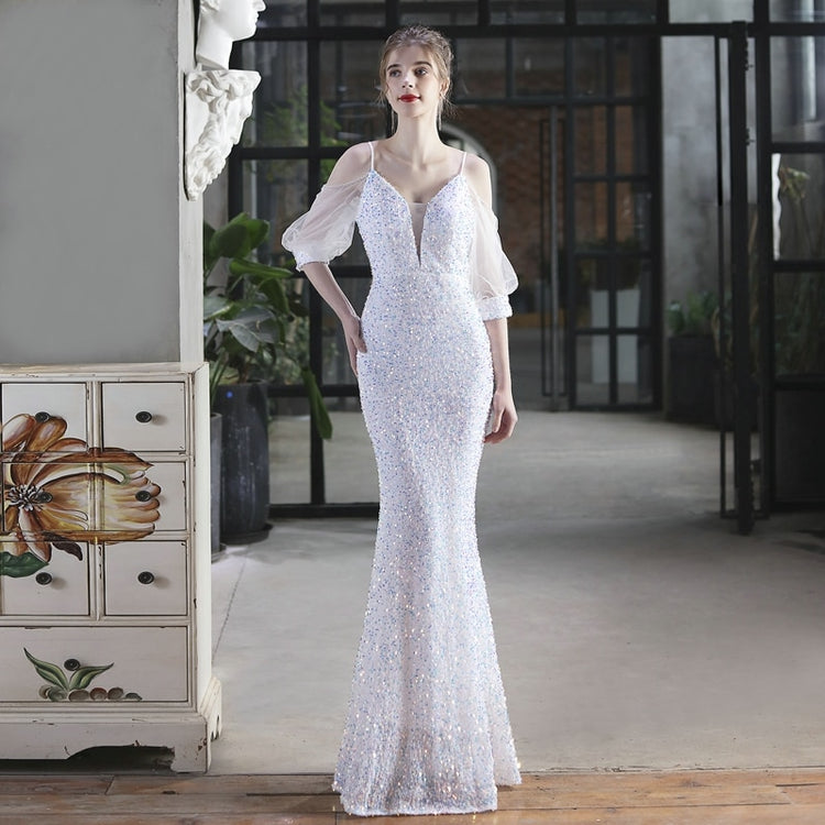 Vestido de Festa Longo Sereia Brilho com Manga e Renda Branco