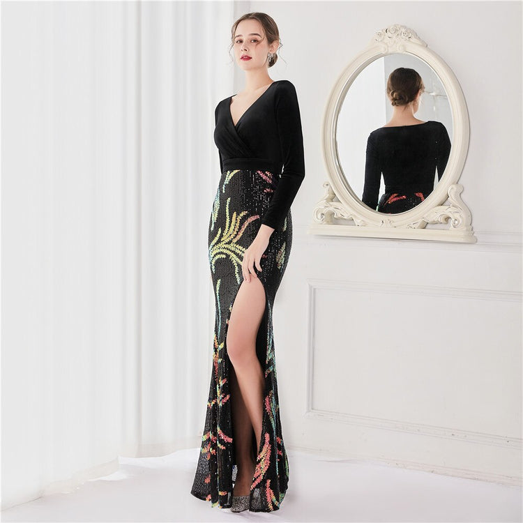 Vestido de Festa Luxo Sereia com Paetês Bordados Preto