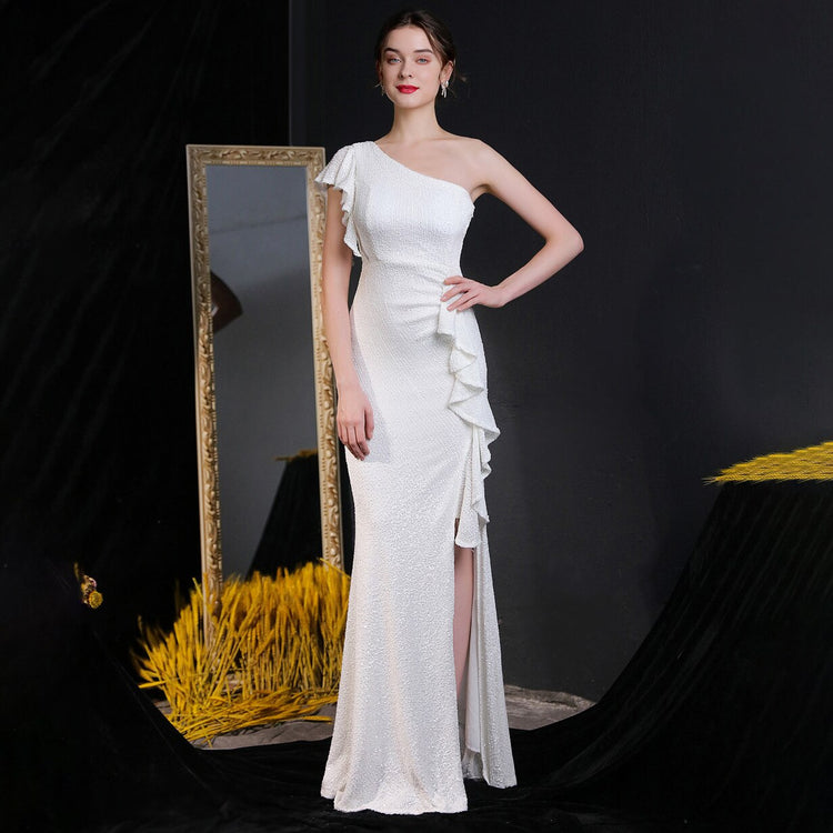 Vestido de Festa Longo Assimétrico com Detalhes Babados Branco