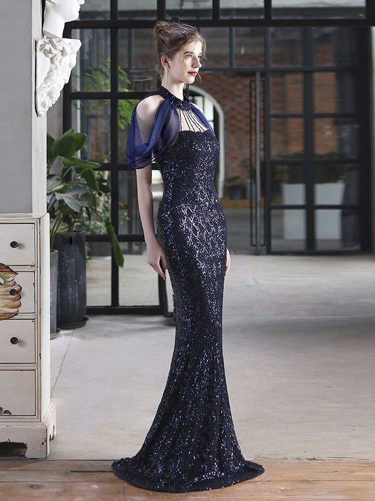 Vestido De Festa Longo Com Decote Em Tule Azul Marinho