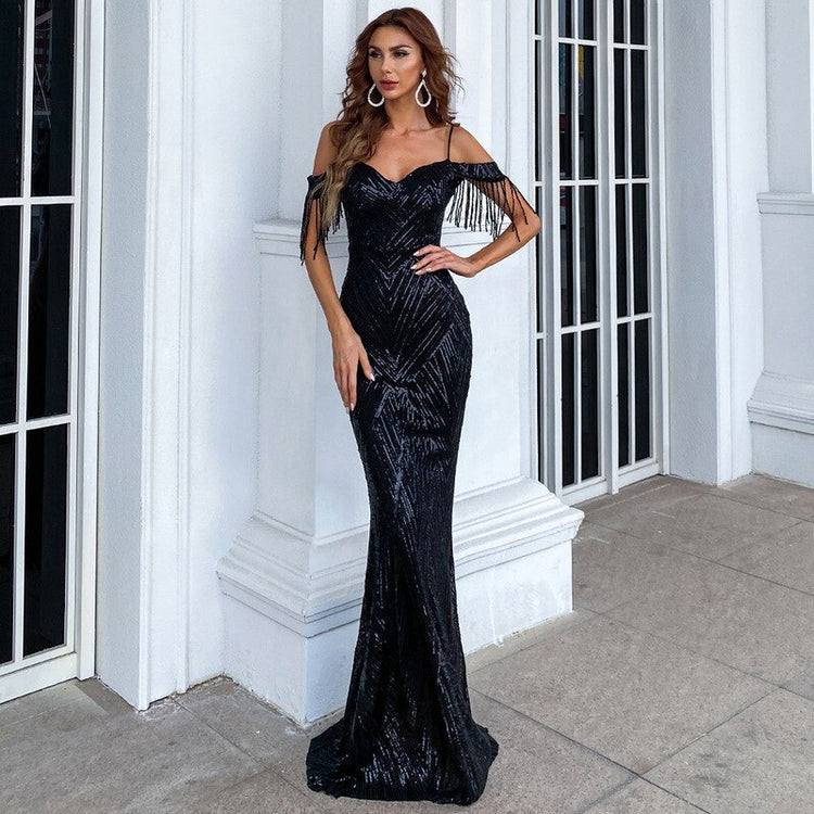 Vestido de Festa Luxo com Manga Detalhada Preto