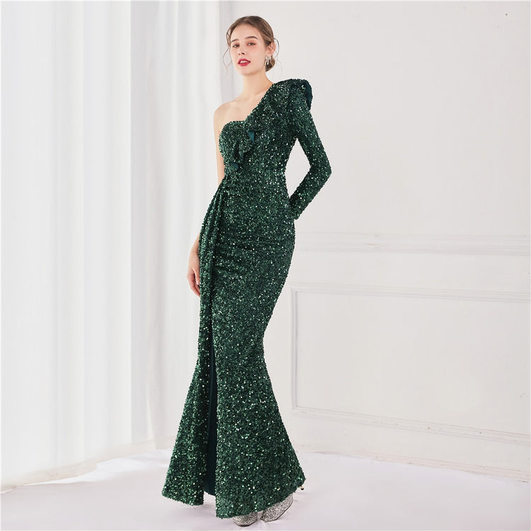 Vestido de Festa Longo com Babados Assimétricos Verde