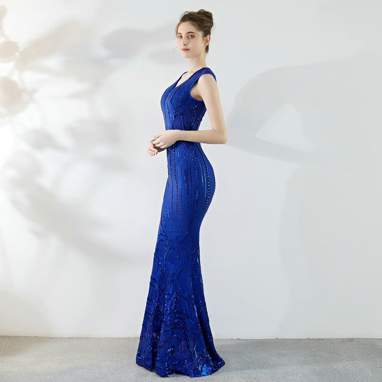 Vestido de Festa Longo Sereia com Decote V Brilho Azul Royal