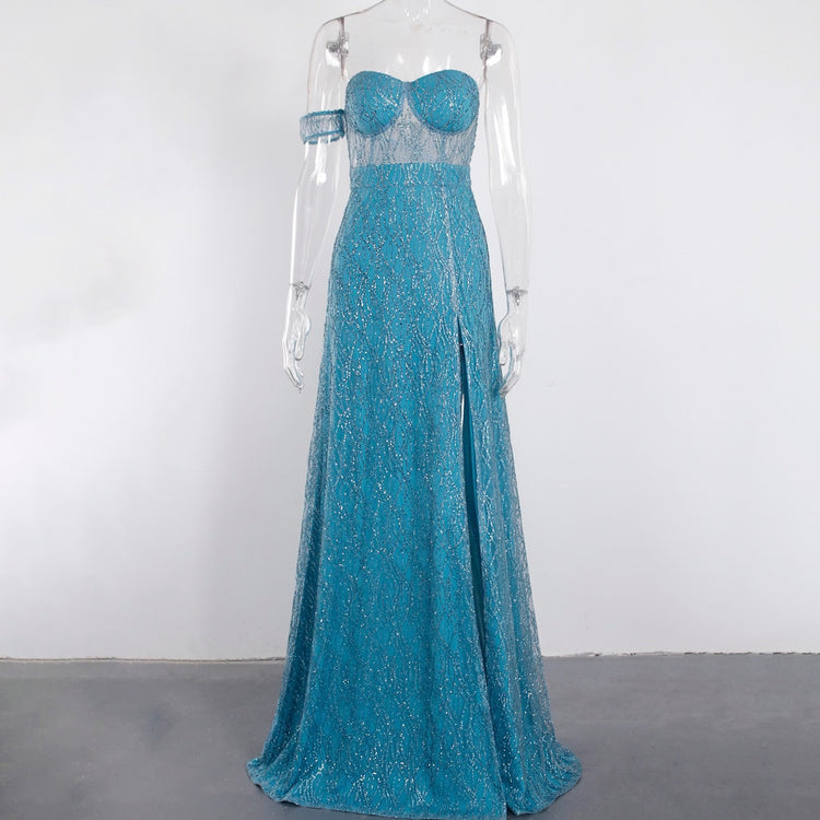 Vestido de Festa Longo com Fenda e Transparência Azul Serenity