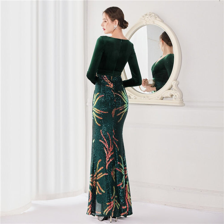 Vestido de Festa Luxo Sereia com Paetês Bordados Verde