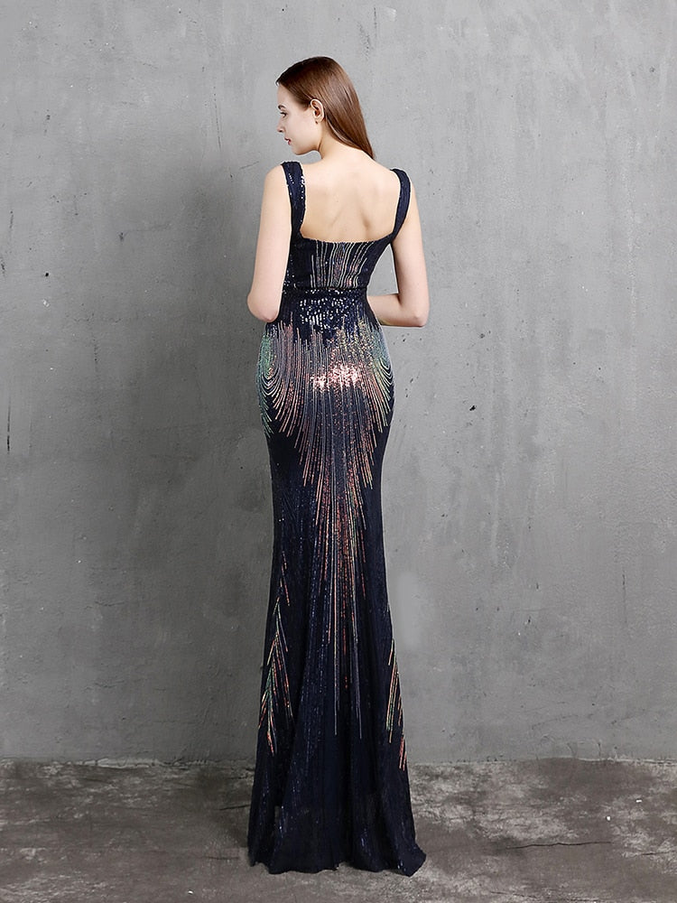 Vestido de Festa Longo Contemporaneo com Abertura Lateral Azul Marinho