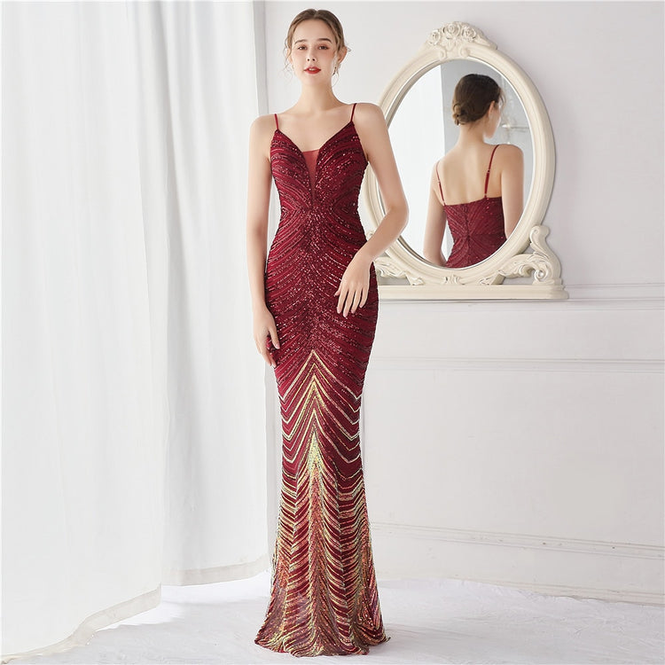 Vestido de Festa Longo Luxo Detalhado em Listras de Paetês Marsala