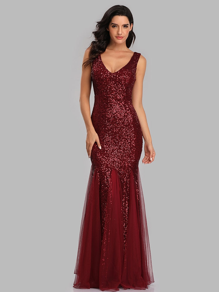 Vestido de Festa Longo Sereia com Detalhes Paetês Marsala