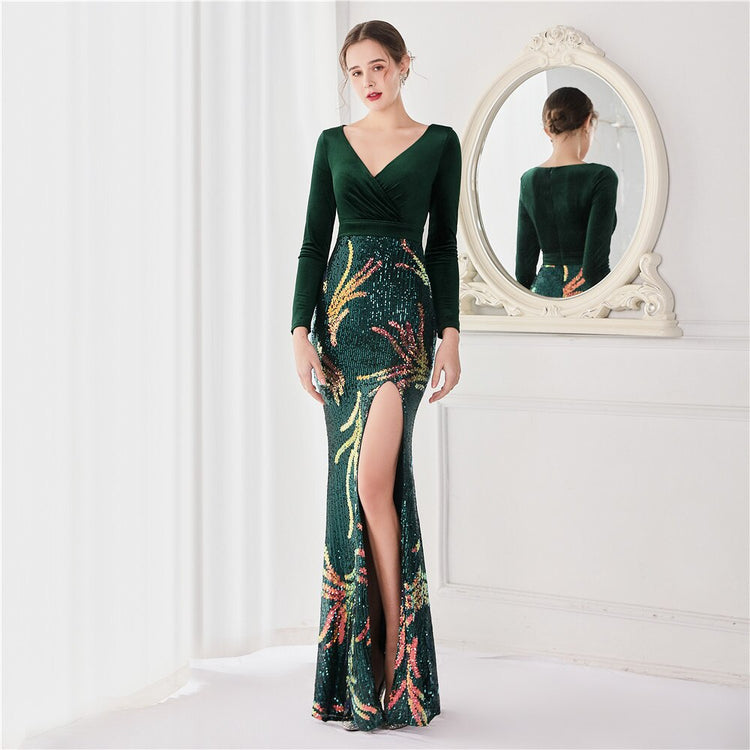 Vestido de Festa Luxo Sereia com Paetês Bordados Verde