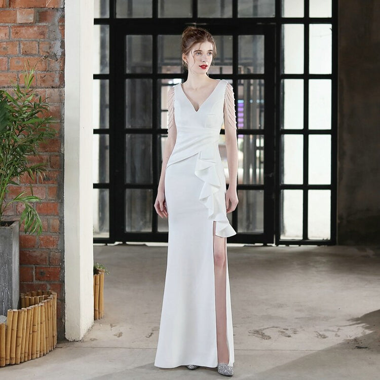 Vestido de Festa em Cetim Plissado em Camadas Branco
