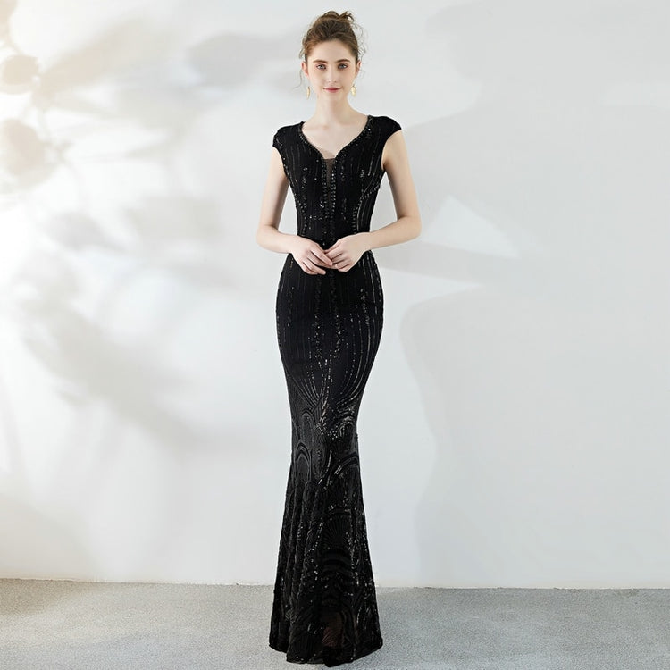 Vestido de Festa Longo Sereia com Decote V Brilho Preto