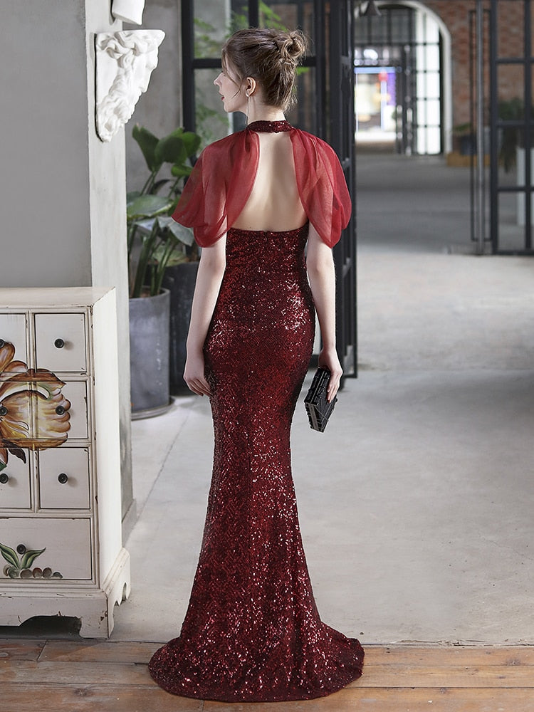 Vestido De Festa Longo Com Decote Em Tule Marsala
