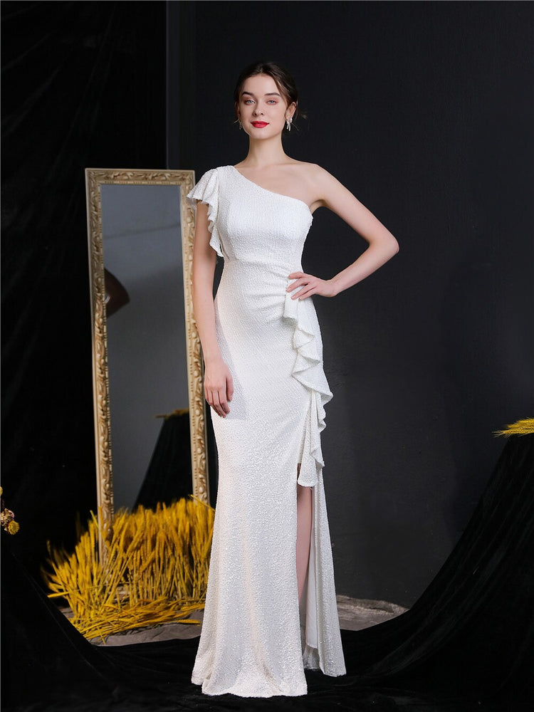 Vestido de Festa Longo Assimétrico com Detalhes Babados Branco