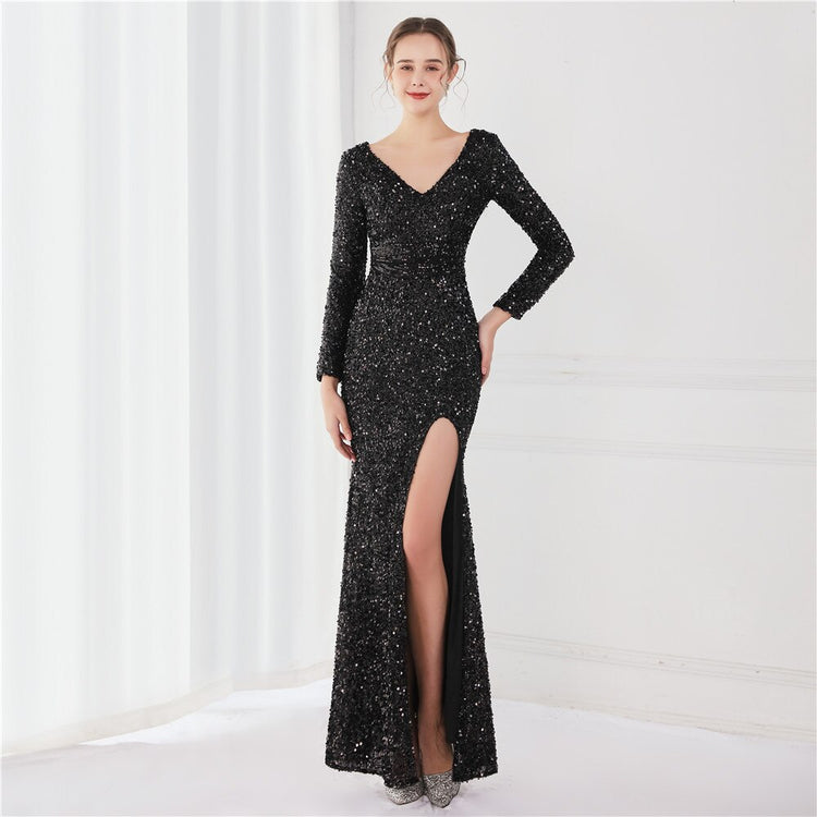 Vestido de Festa Longo Luxo Todo Detalhado em Paetês Preto