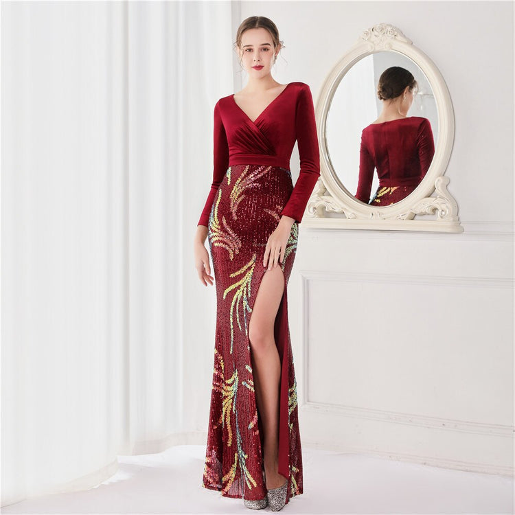 Vestido de Festa Luxo Sereia com Paetês Bordados Marsala