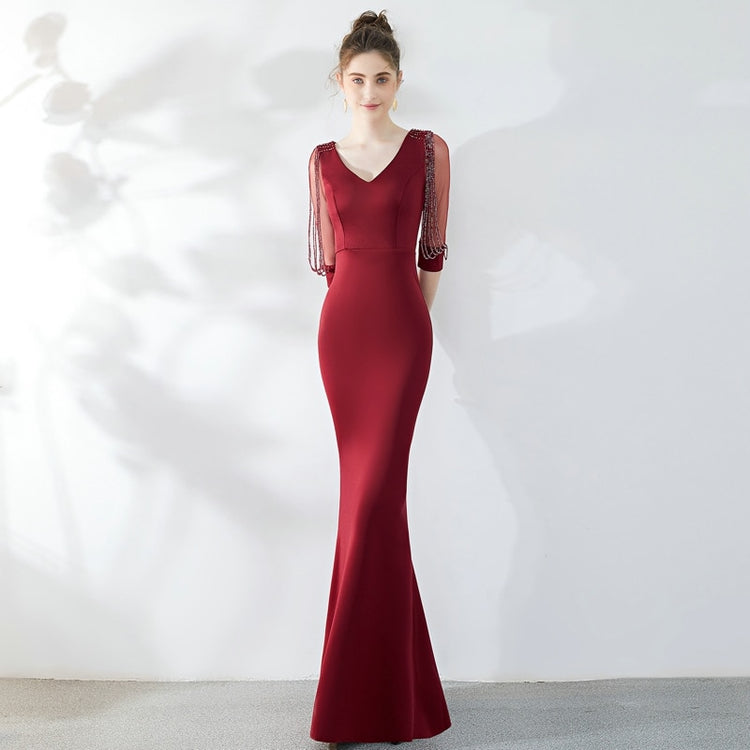 Vestido de Festa Longo Moderno com Manga em Renda Marsala