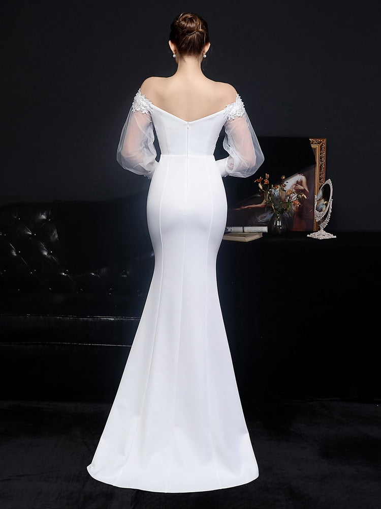 Vestido de Festa Longo Sereia com Manga com Renda e Detalhes Bordados Branco