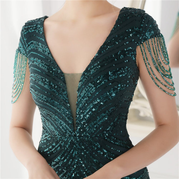 Vestido de Festa Luxo Sereia com Detalhes Paetês Verde