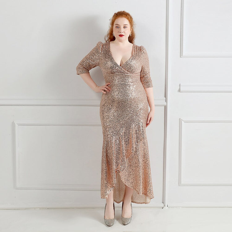 Vestido de Festa Midi com Tecido Brilho e Babados Dourado