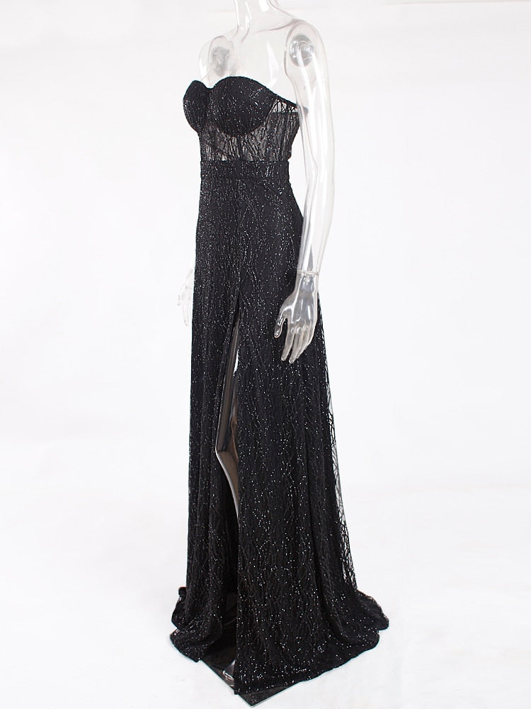 Vestido de Festa Longo com Fenda e Transparência Preto